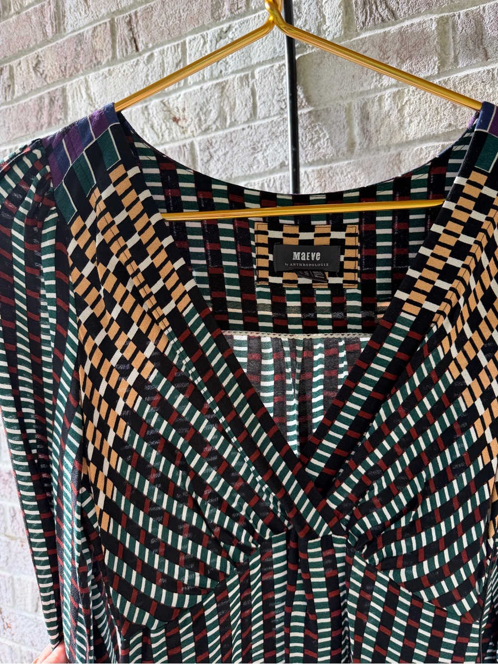 Maeve Multi-Stripe V-Neck Dress in Black, Green & Tan